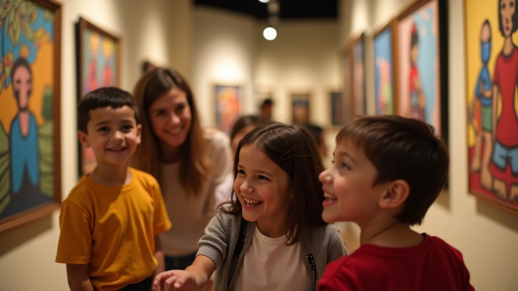 Müze galerisi içinde, aileler sanat eserlerinin önünde duruyor, ebeveynler çocuklara anlatıyor