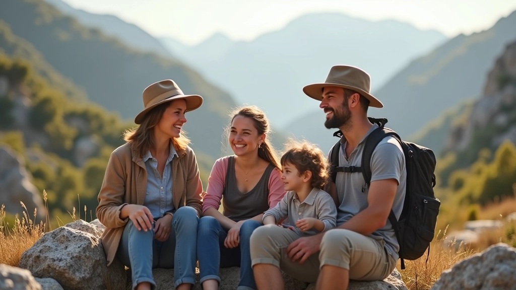Aile grubu dağda dinlenme sırasında, birlikte oturup sohbet ederken, doğa ortamında samimi anlar