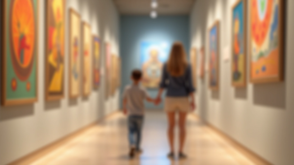 Müze koridorunda çocuk ve ebeveyn el ele yürüyor, duvarda renkli sanat eserleri var